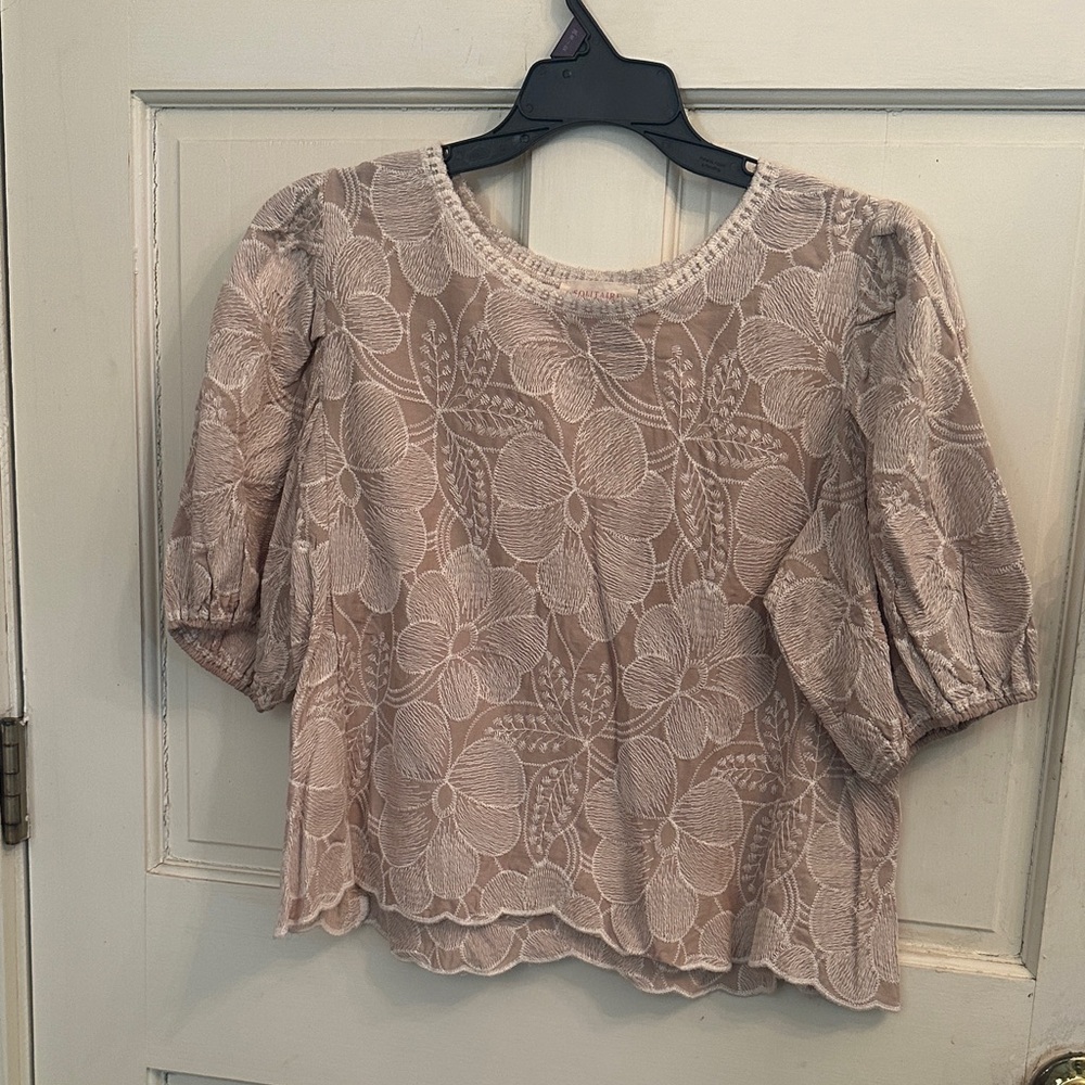 Solitaire Blush Floral Lace Puff-Sleeve Blouse